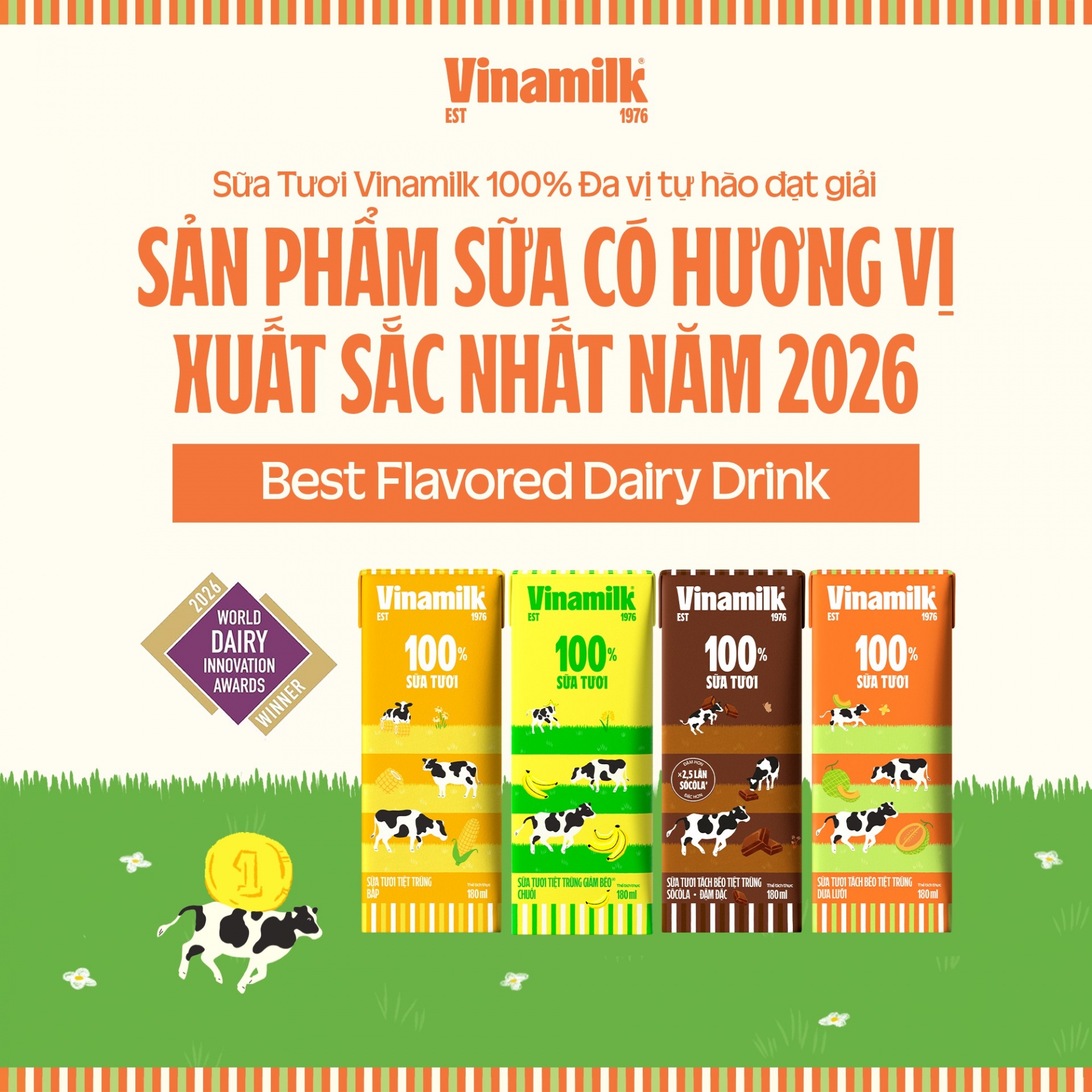 Sữa tươi Vinamilk 100% đa vịđược vinh danh tại World Dairy Innovation Awards 2026 với hạng mục Sản phẩm sữa có hương vị xuất sắc nhất (Ảnh: VN).