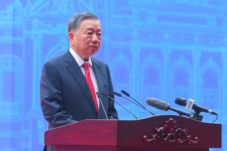 Tổng Bí thư, Chủ tịch nước Tô Lâm phát biểu tại Lễ kỷ niệm 50 năm thành phố Sài Gòn - Gia Định vinh dự mang tên Chủ tịch Hồ Chí Minh - Ảnh: BTC