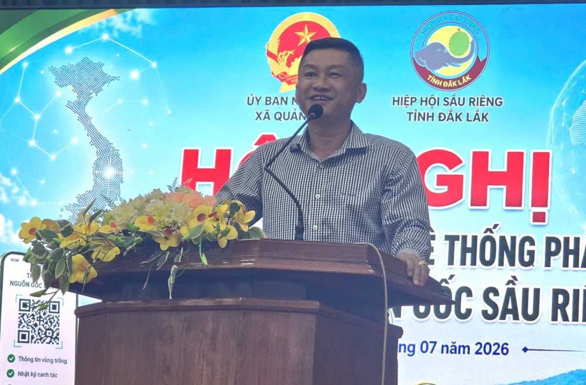 Ông Lê Ngọc Hải Phó Chủ tịch hội Hiệp hội Sầu riêng Đắk Lắk phát biểu trong hội nghị.