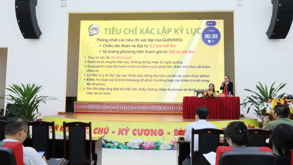 Đại diện Ban Tổ chức trình bày các tiêu chí xác lập Kỷ lục Guinness Thế giới đối với chương trình Đắk Lắk chuẩn bị xác lập Kỷ lục Guinness với đoàn xe bán tải chở sầu riêng dài nhất thế giới