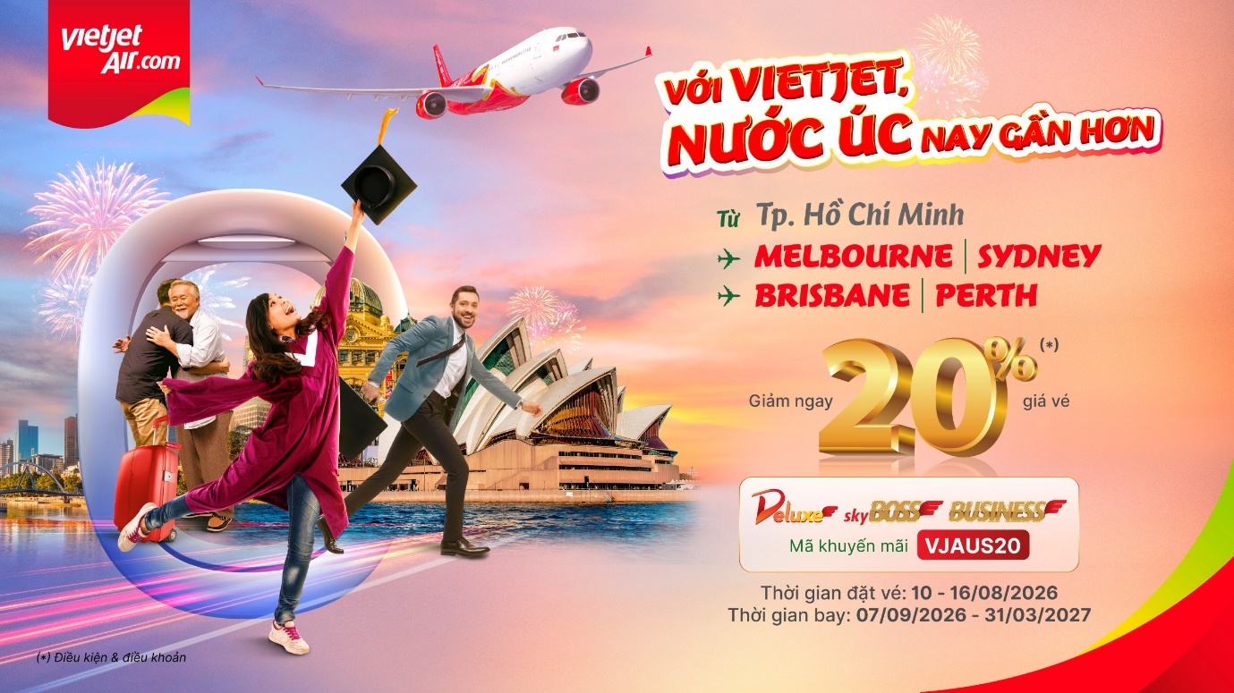 Cùng Vietjet đến sân bay phía Tây mới của Sydney, thêm trải nghiệm du lịch hấp dẫn tại “xứ sở chuột túi” với ưu đãi 20% Cùng Vietjet đến sân bay phía Tây mới của Sydney, thêm trải nghiệm du lịch hấp dẫn tại “xứ sở chuột túi” với ưu đãi 20%