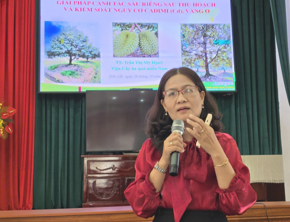 Tiến sĩ Trần Thị Mỹ Hạnh, Trưởng Bộ môn Bảo vệ thực vật, Viện Cây ăn quả miền Nam, hướng dẫn kỹ thuật chăm sóc sầu riêng tại hội nghị.