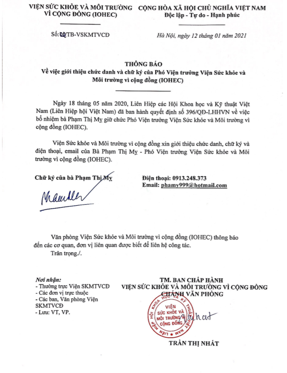 Giới thiệu chức danh, chữ ký của lãnh đạo Viện Sức khỏe và Môi trường vì cộng đồng (IOHEC)