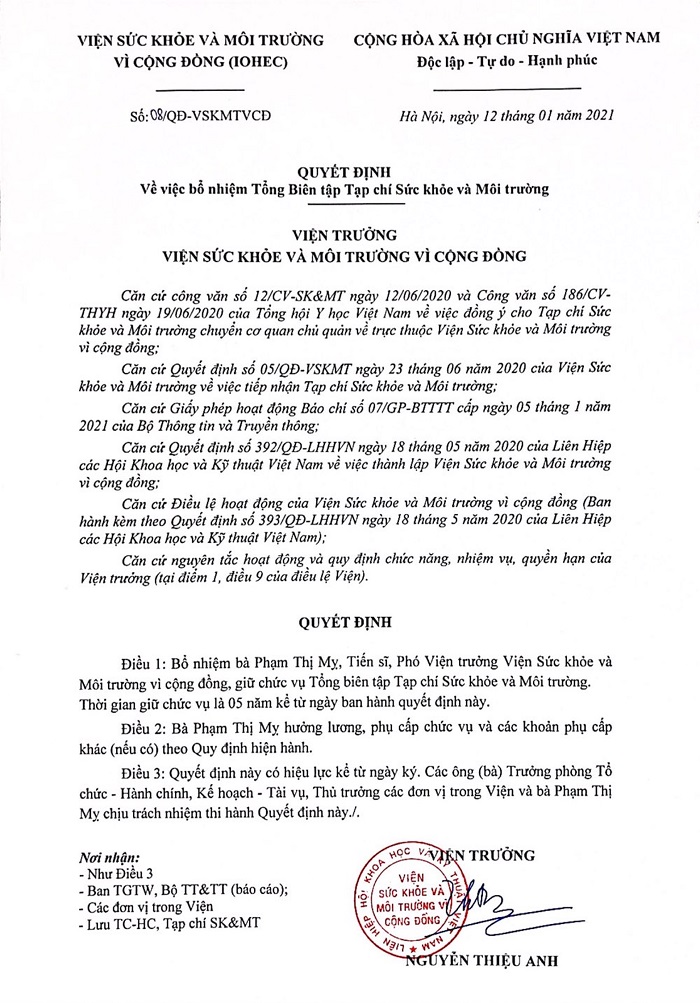 Kiện toàn bộ máy tổ chức Viện IOHEC: Bổ nhiệm Tổng biên tập Tạp chí Sức khỏe và Môi trường