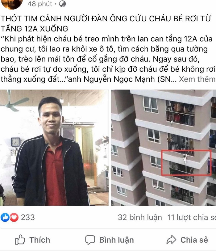 Thanh niên cứu bé gái ngã từ tầng 13, cộng đồng mạng hết lời khen ngợi