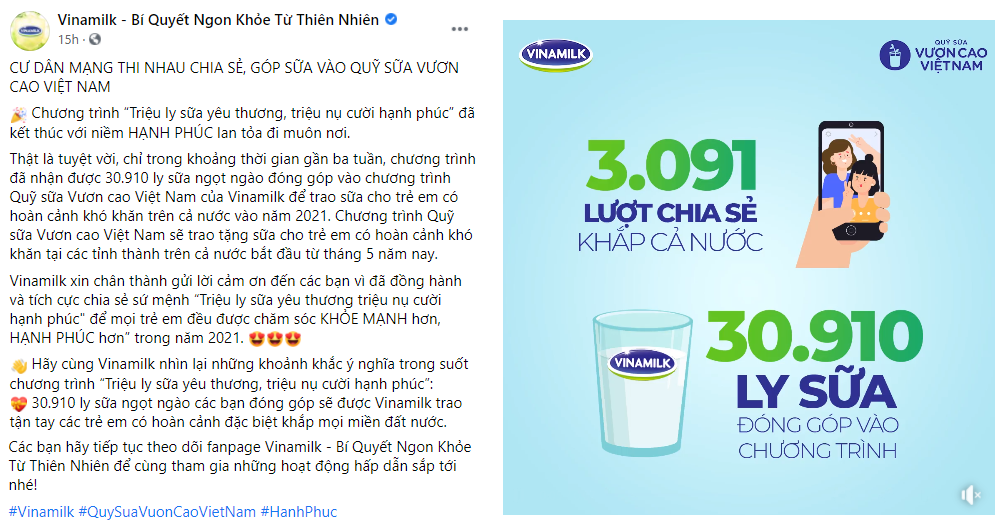   Quỹ sữa vươn cao Việt Nam 2021 của Vinamilk sẽ có thêm 31.000 ly sữa từ sự tham gia của cộng đồng