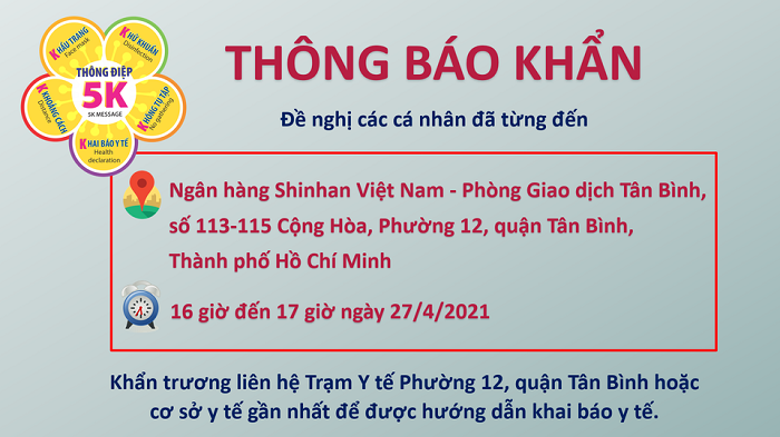 TP. Hồ Chí Minh: Khẩn báo tìm người từng đến Ngân hàng Shinhan - Tân Bình