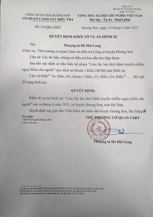 Hà Tĩnh khởi tố vụ án hình sự làm lây lan dịch bệnh ở Hương Sơn
