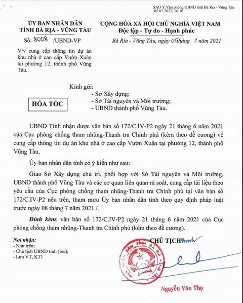 UBND tỉnh Bà Rịa - Vũng Tàu buộc phải cung cấp thông tin về Dự án La Vida Residences với Thanh tra Chính phủ