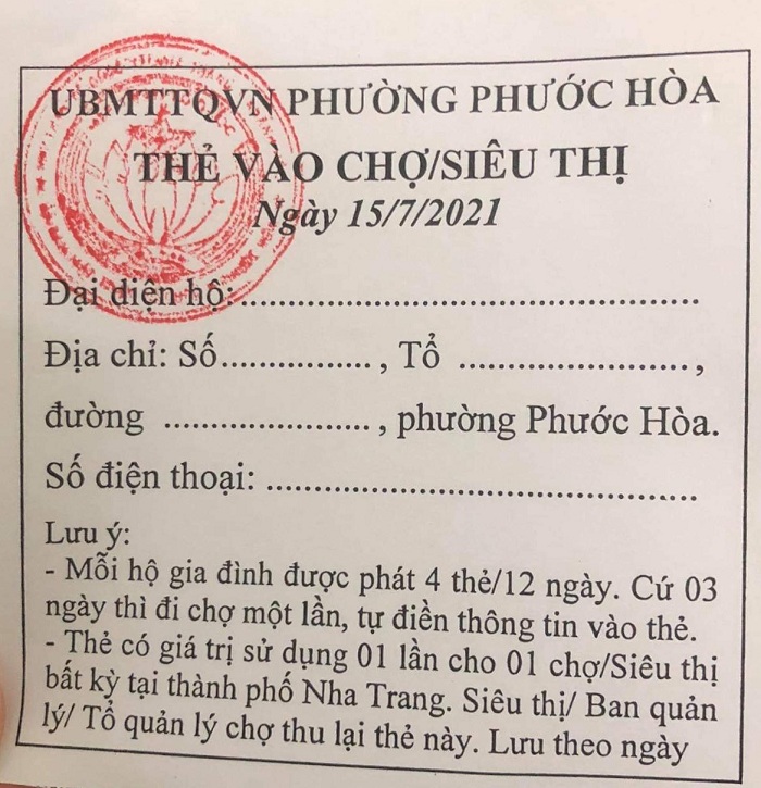 Người dân Nha Trang được phát thẻ vào chợ, siêu thị trong thời gian thực hiện giãn cách xã hội