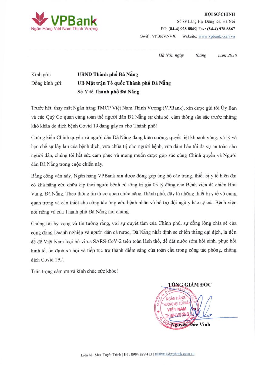 VPBank ủng hộ 5 tỷ đồng cho Bệnh viện dã chiến Hòa Vang (Đà Nẵng)