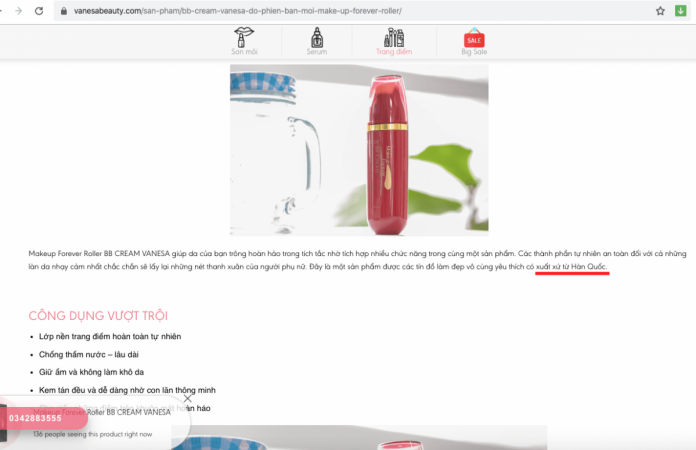Vanesa Beauty Việt Nam mập mờ trong xuất xứ sản phẩm