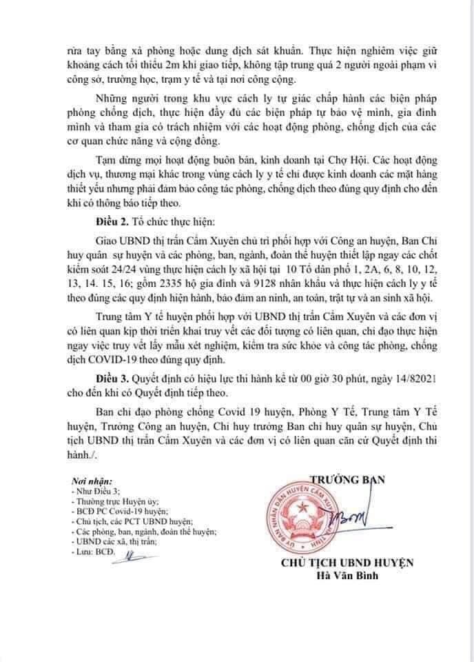 Cách ly một phần Thị trấn Cẩm Xuyên, Hà Tĩnh vì phát hiện 1 ca nhiễm Covid-19