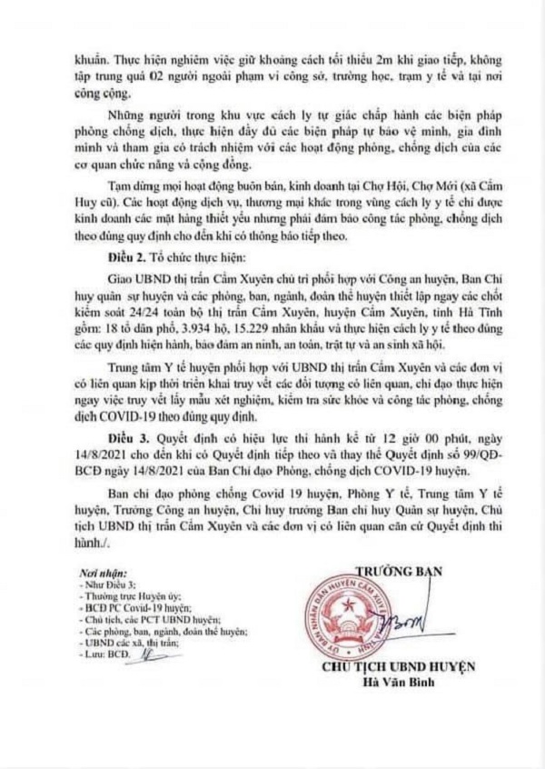 Liên quan 2 ca nhiễm Covid-19 trong cộng đồng, huyện Cẩm Xuyên quyết định cách ly toàn thị trấn
