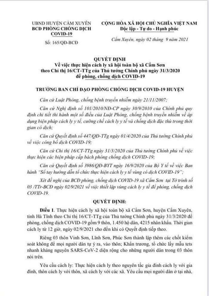 Ph&aacute;t hiện 3 ca dương t&iacute;nh trong cộng đồng, UBND huyện Cẩm Xuy&ecirc;n quyết định c&aacute;ch ly to&agrave;n bộ x&atilde; Cẩm Sơn