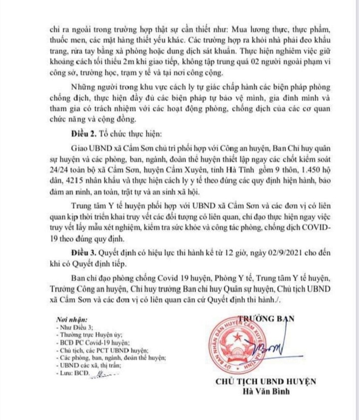 Ph&aacute;t hiện 3 ca dương t&iacute;nh trong cộng đồng, UBND huyện Cẩm Xuy&ecirc;n quyết định c&aacute;ch ly to&agrave;n bộ x&atilde; Cẩm Sơn