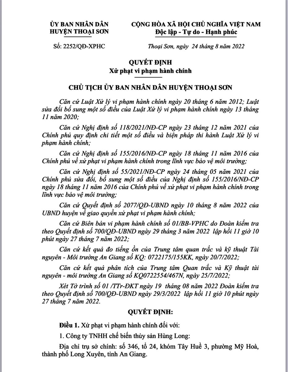 Phạt c&ocirc;ng ty ở An Giang g&acirc;y &ocirc; nhiễm m&ocirc;i trường tổng số tiền 365 triệu đồng