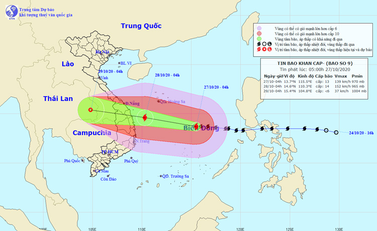 Bão số 9 cường độ mạnh, gây mưa rất to từ Thừa Thiên - Huế đến Phú Yên