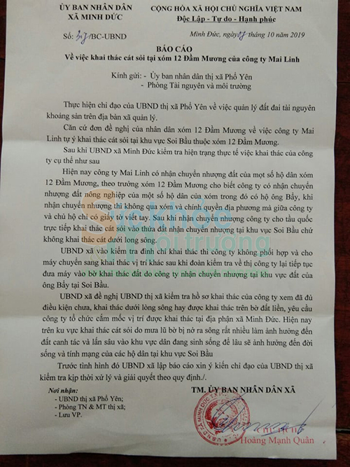 Thái Nguyên: Ai chống lưng cho hoạt động khai thác cát sỏi trái phép trên địa bàn xã Minh Đức, Thị xã Phổ Yên?