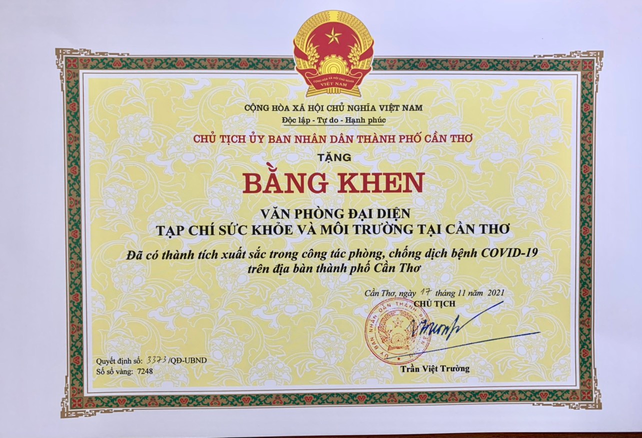 Chủ tịch UBND TP.Cần Thơ tặng bằng khen Văn phòng Đại diện Tạp chí Sức khỏe &amp;amp; Môi trường TP Cần Thơ và các tỉnh ĐBSCL có thành tích xuất sắc trong công tác phòng chống dịch COVID-19